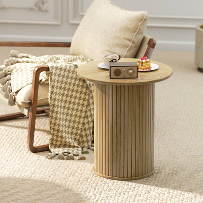 Round Fluted Accent Side Table Oak