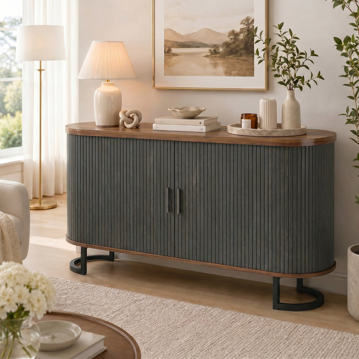 Fluted Sliding Door Sideboard Cabinet 55 in