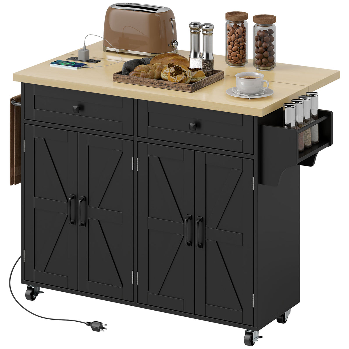 Kitchen island with charging station and drop leaf