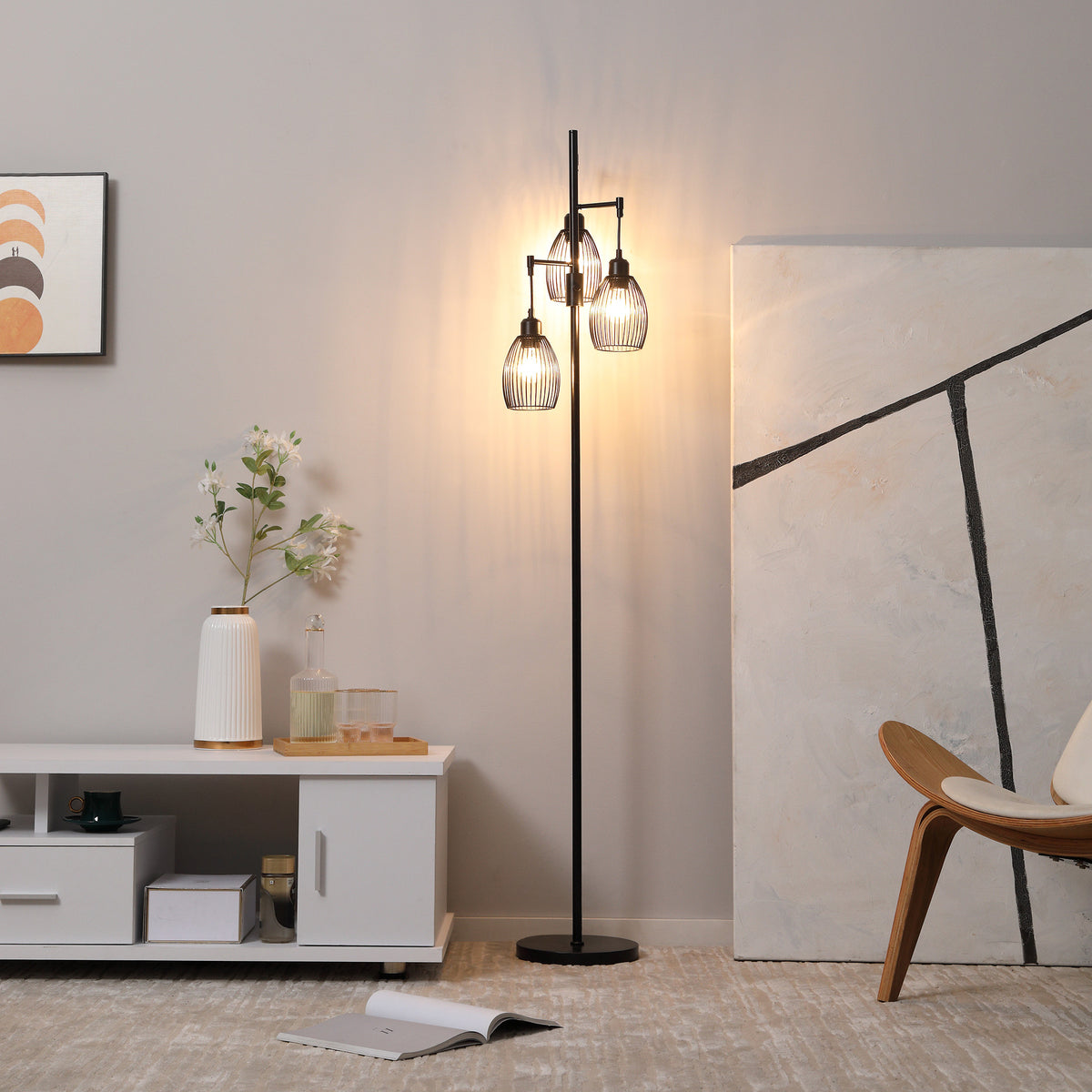 Industrial Floor Lamp 3 Hanging Cage Shades, Dimmable