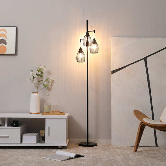 Industrial Floor Lamp 3 Hanging Cage Shades, Dimmable