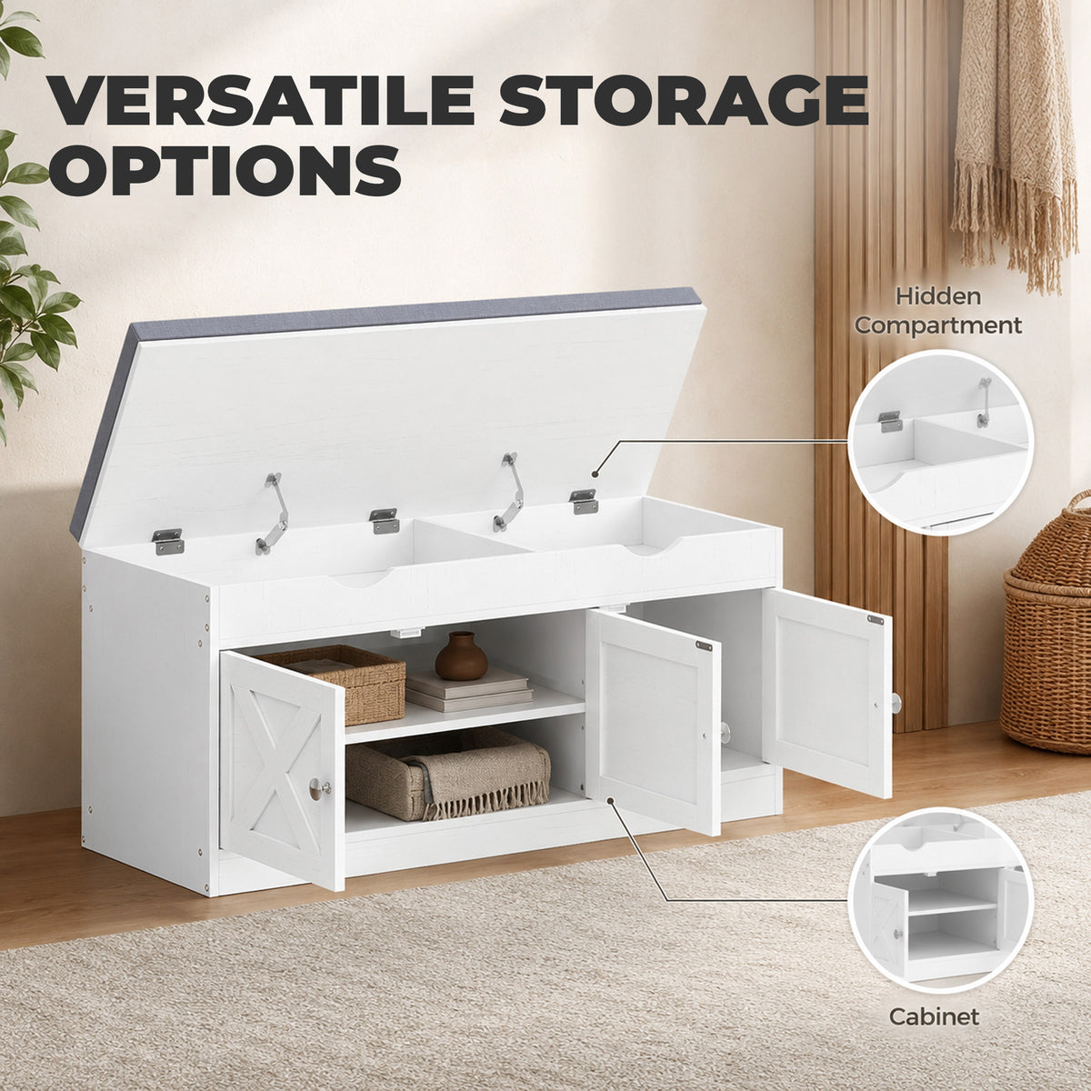 Shoe storage bench with cushion and three doors