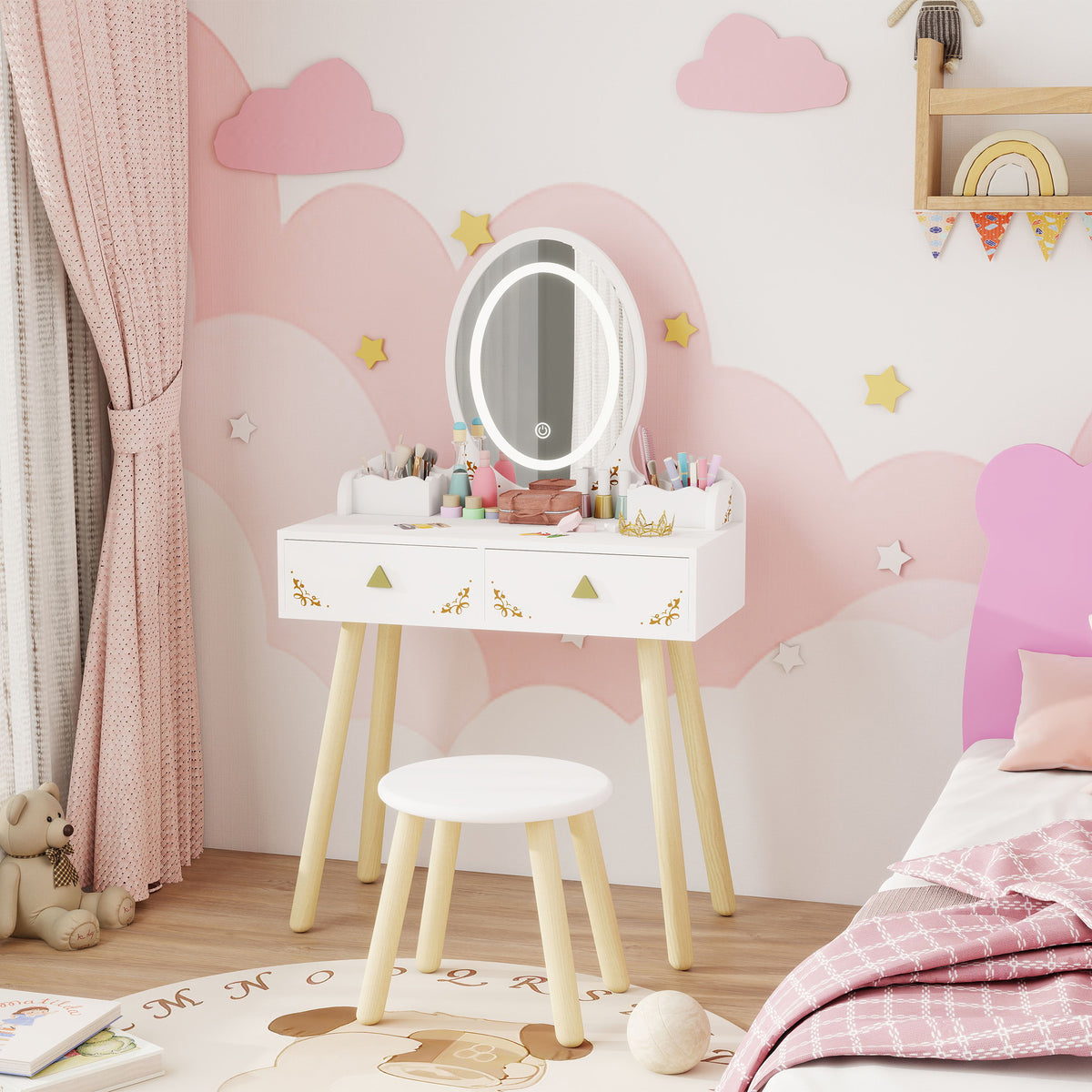Kids Vanity Set with LED Mirror and Stool