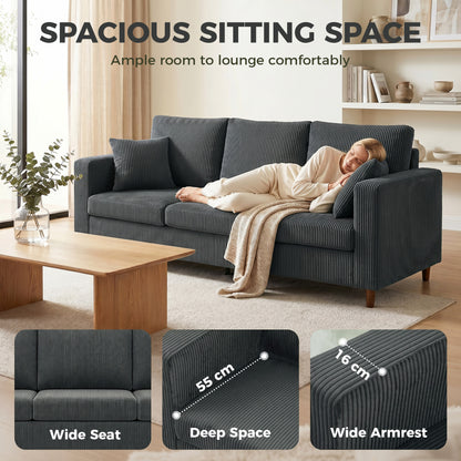 3-Seater Sofa Wide Deep Seat Corduroy with Spring Cushion