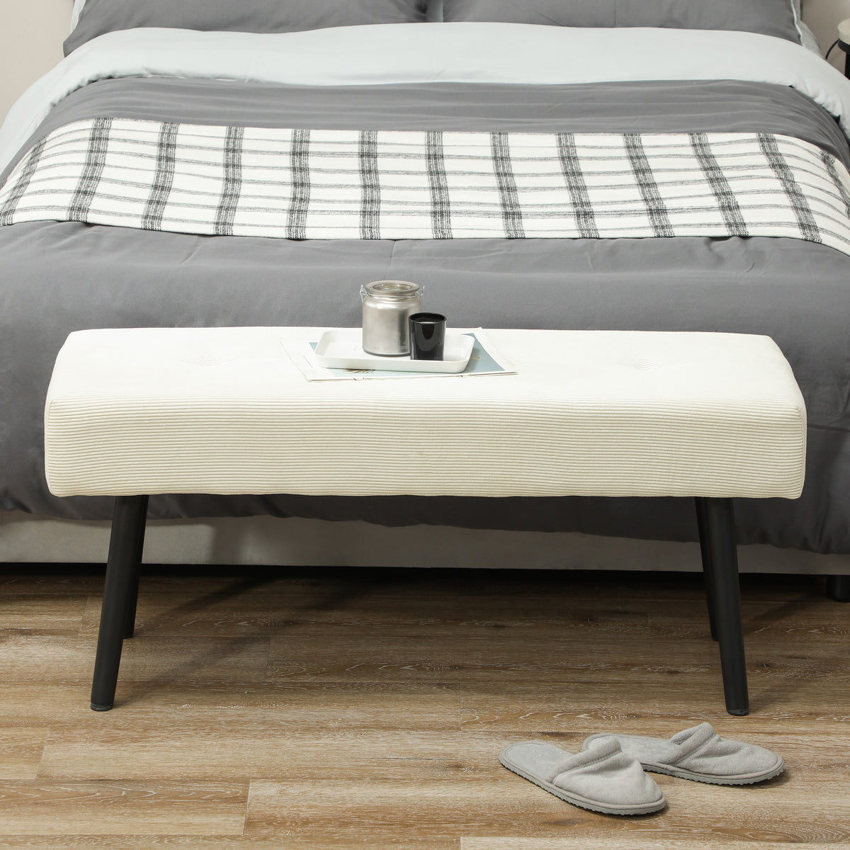 Tufted Corduroy Upholstered Bench with Steel Legs
