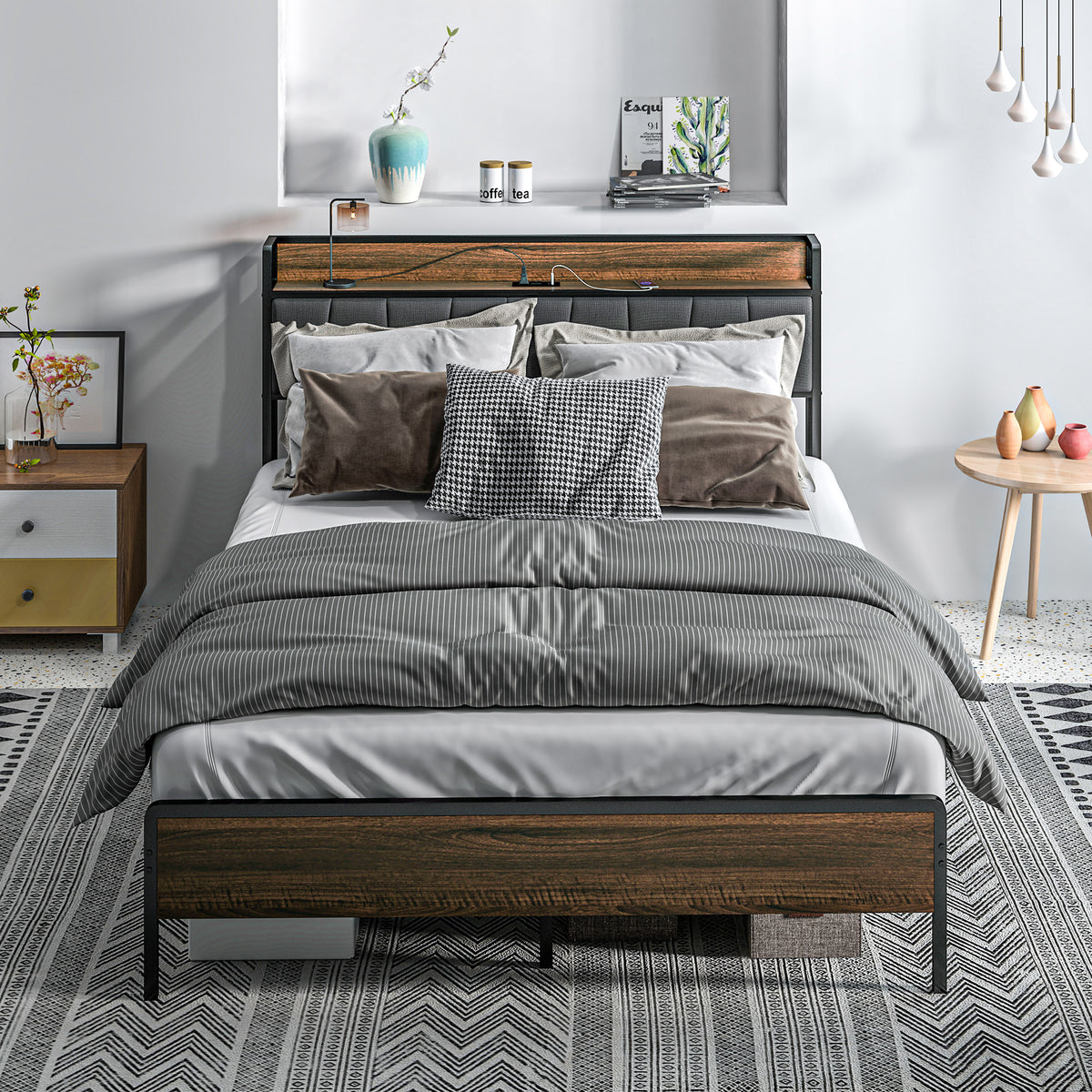 Estructura de cama queen con cabecero y estación de carga