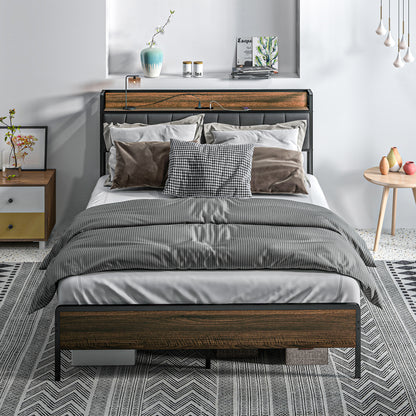 Estructura de cama queen con cabecero y estación de carga