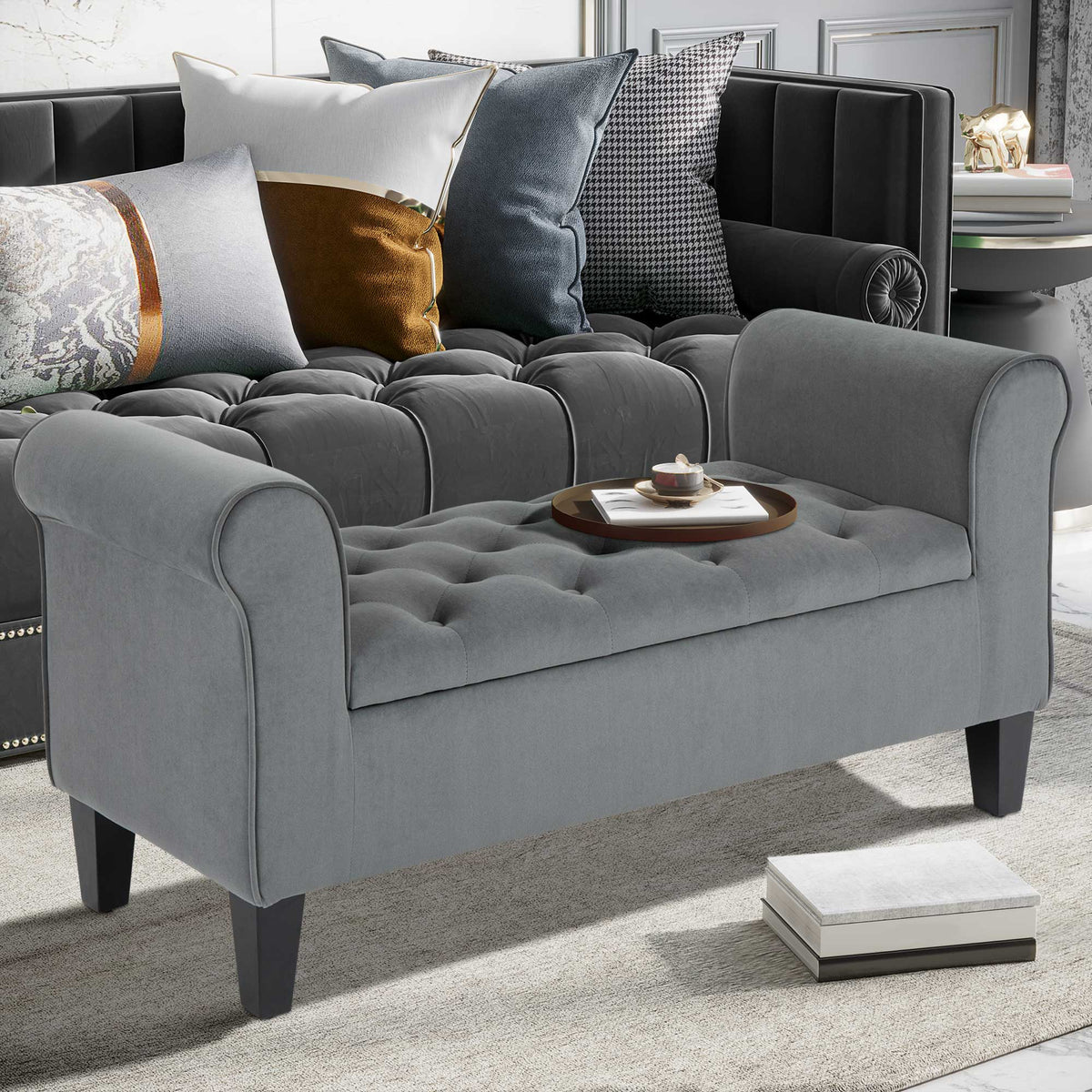 Button tufted storage bench with rolled arms