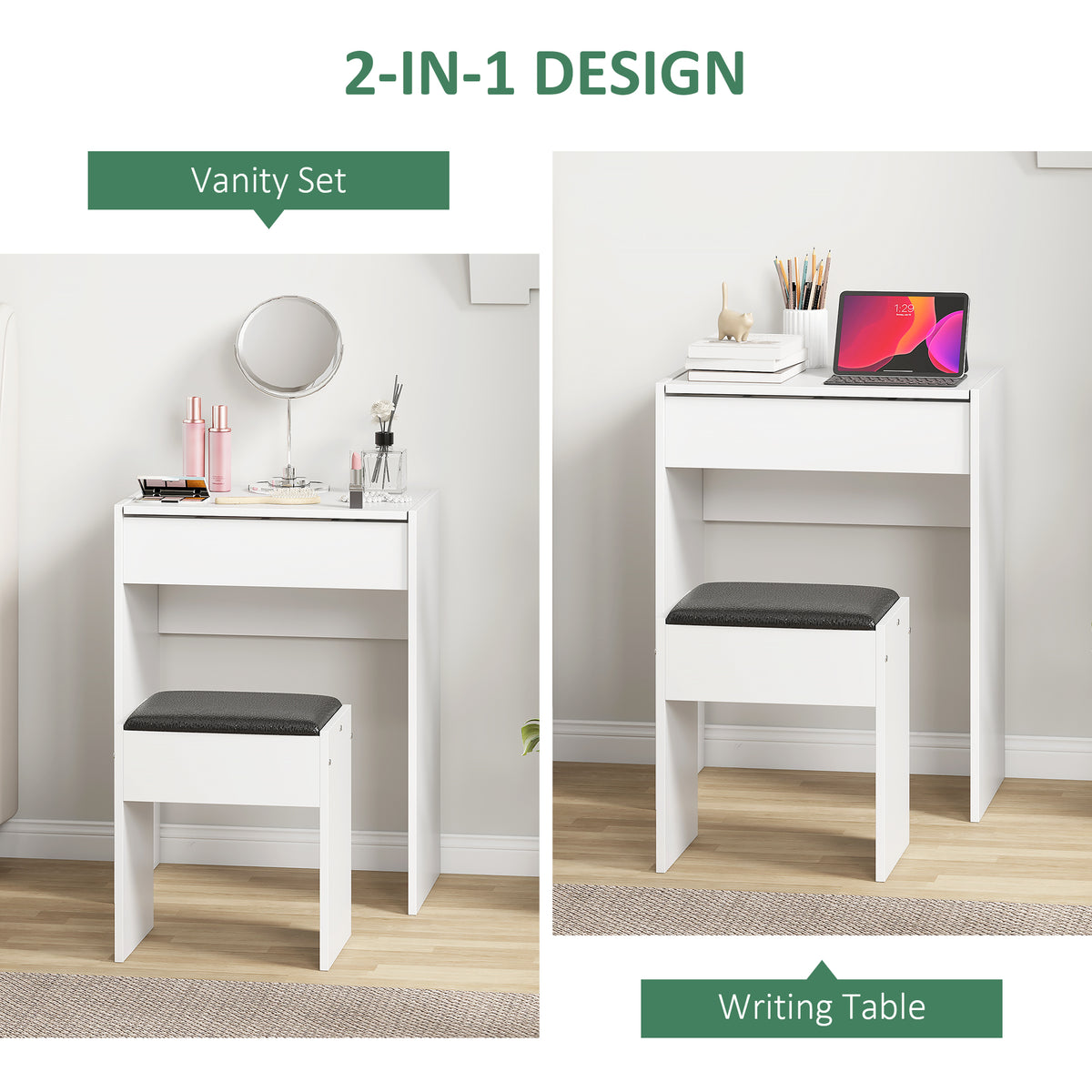 Modern vanity table with flip top mirror and cushioned stool