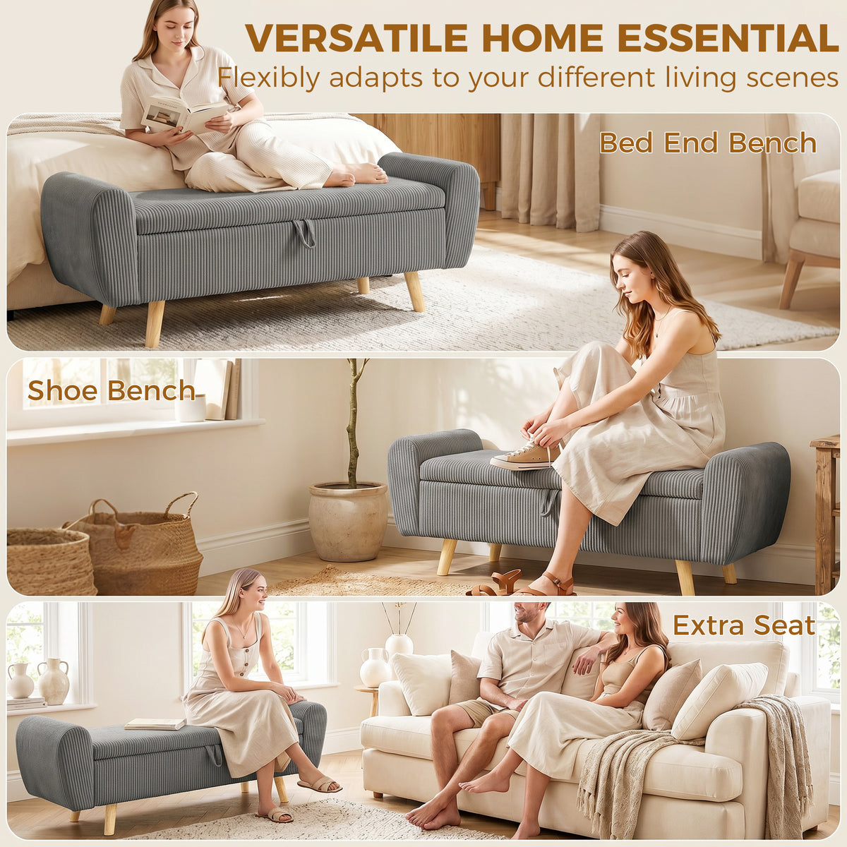 Corduroy Storage Ottoman Bench with Rolled Arms