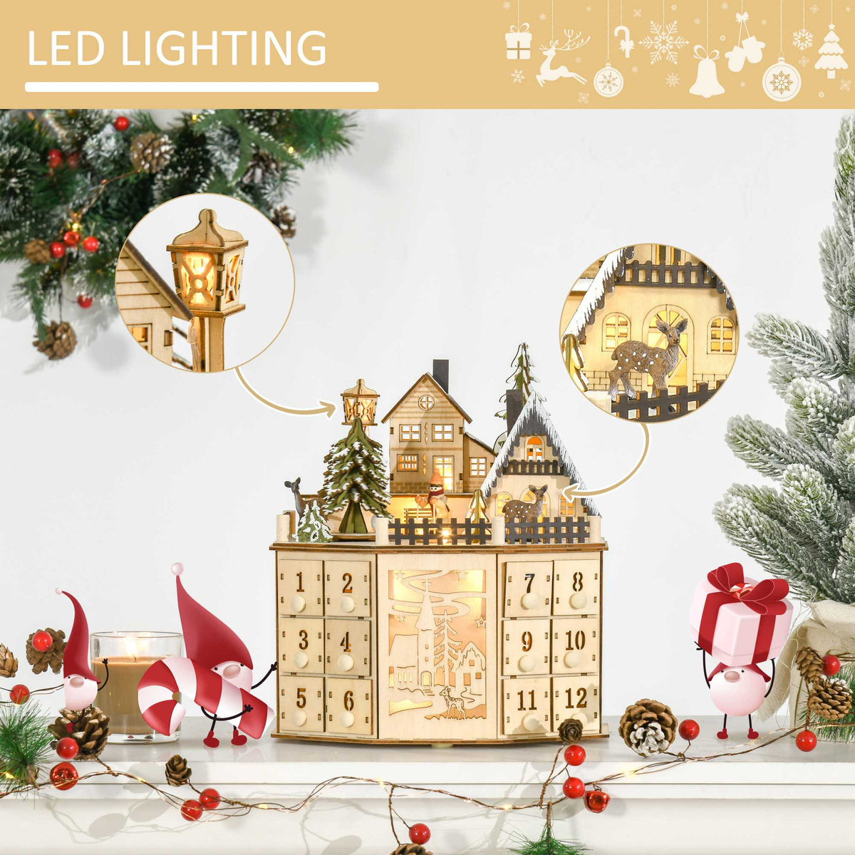 Calendario de Adviento de Madera con Luces LED
