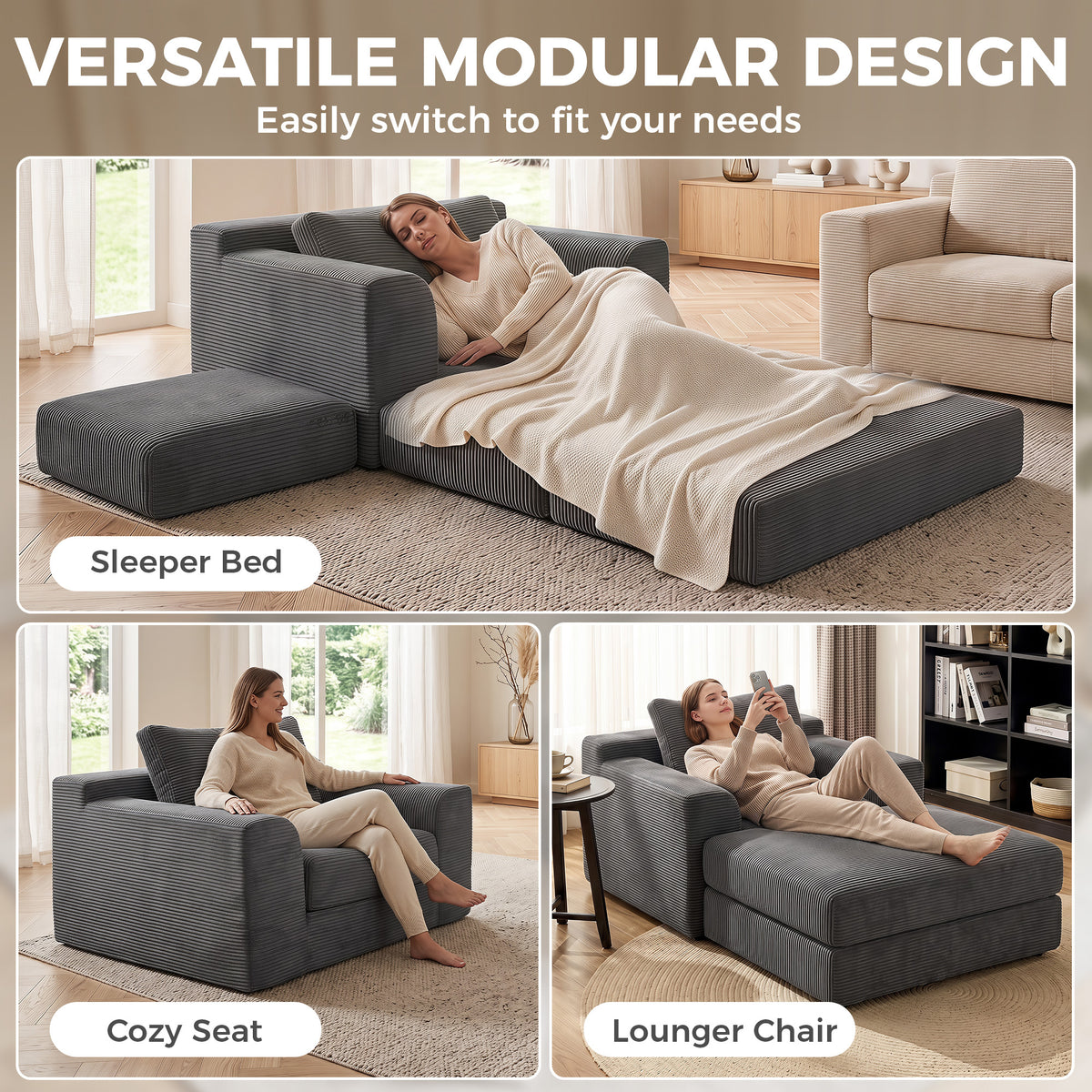 Corduroy convertible chair bed 130 cm