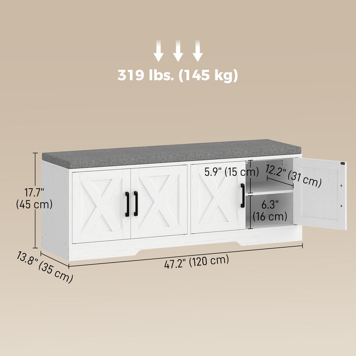 Shoe storage bench with cushion — 120 x 35 x 45 cm