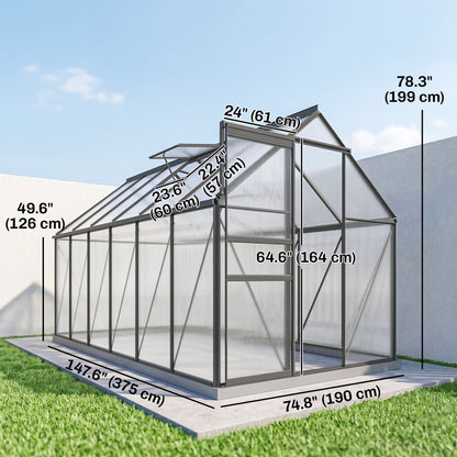 190x375x199cm Charcoal Grey Polycarbonate Greenhouse with Ventilation