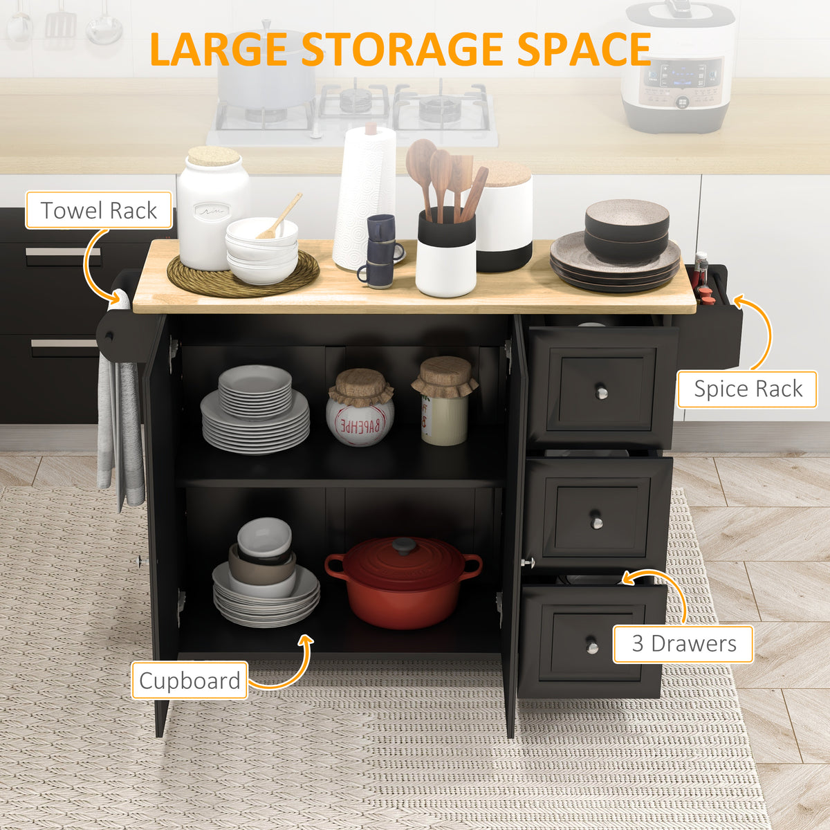 Kitchen Island on Wheels with Drop Leaf and Drawers