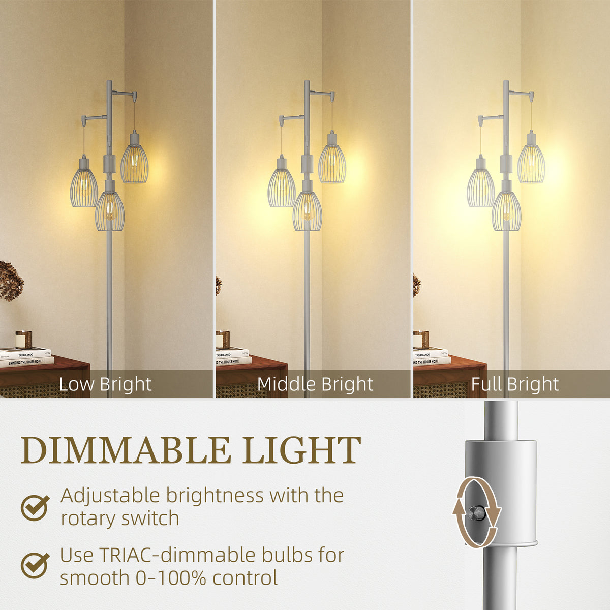 Industrial Floor Lamp 3 Hanging Cage Shades, Dimmable