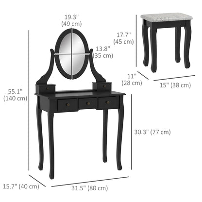 Vanity desk with stool rotating mirror 360° 5 drawers