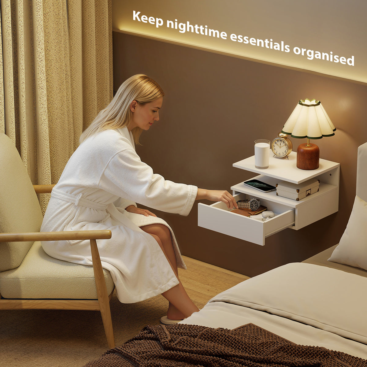 Floating Wall-Mounted Nightstand Set with Drawer — Set of 2