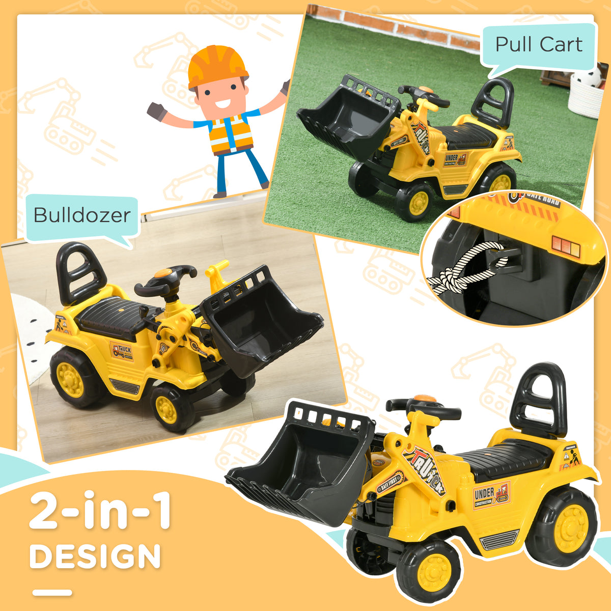 3-in-1 Ride-On Bulldozer with Bucket Horn and Storage
