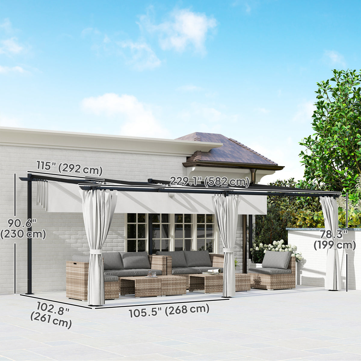 Retractable Metal Pergola with Side Curtains