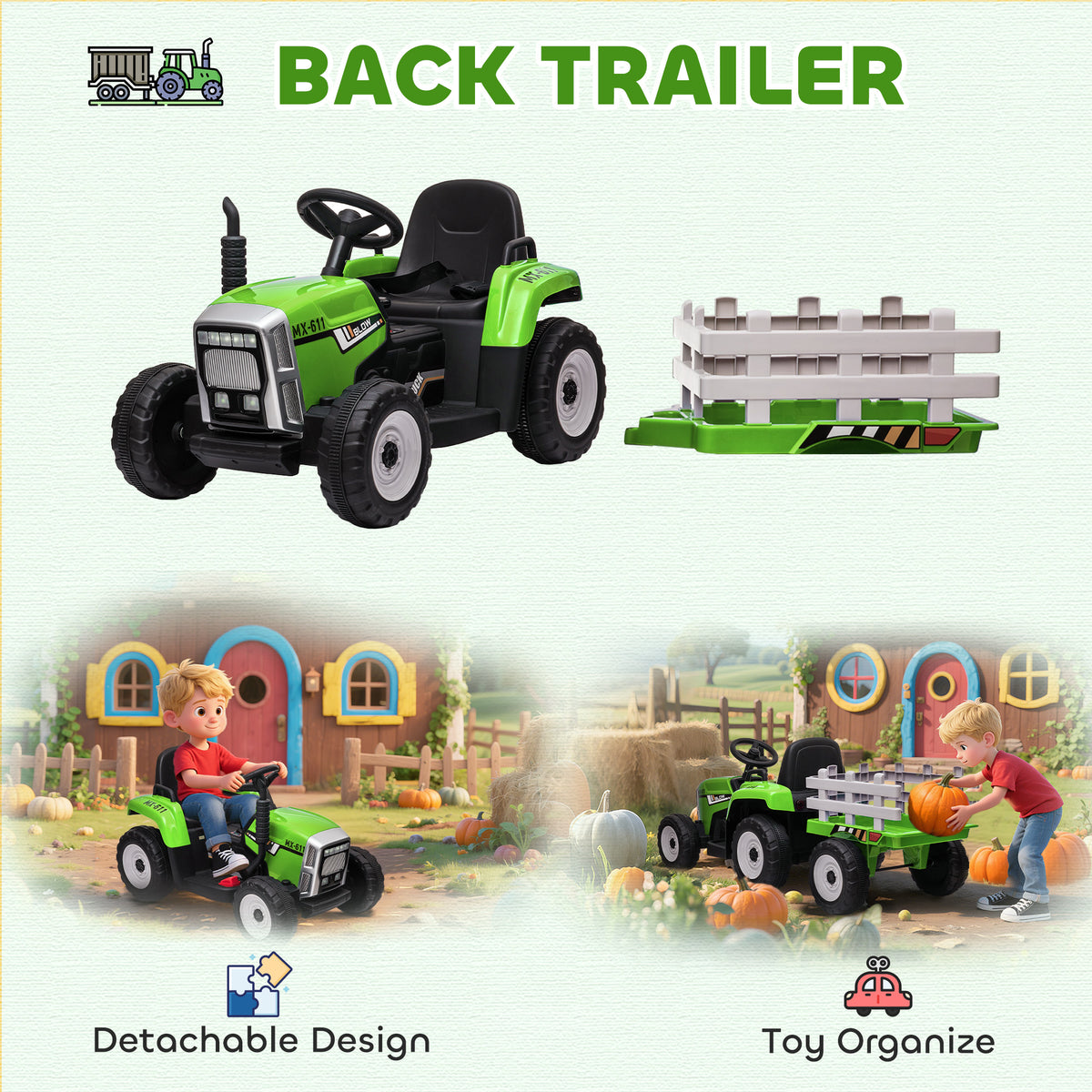 12V Kids Electric Ride-On Tractor with Trailer
