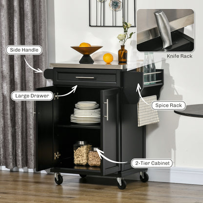 Kitchen island with stainless steel top and rolling cart