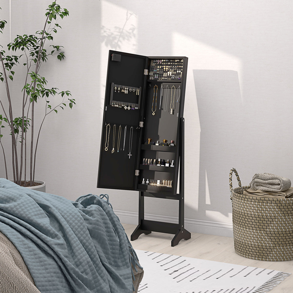 Standing Jewelry Armoire with Mirror and LED Lights