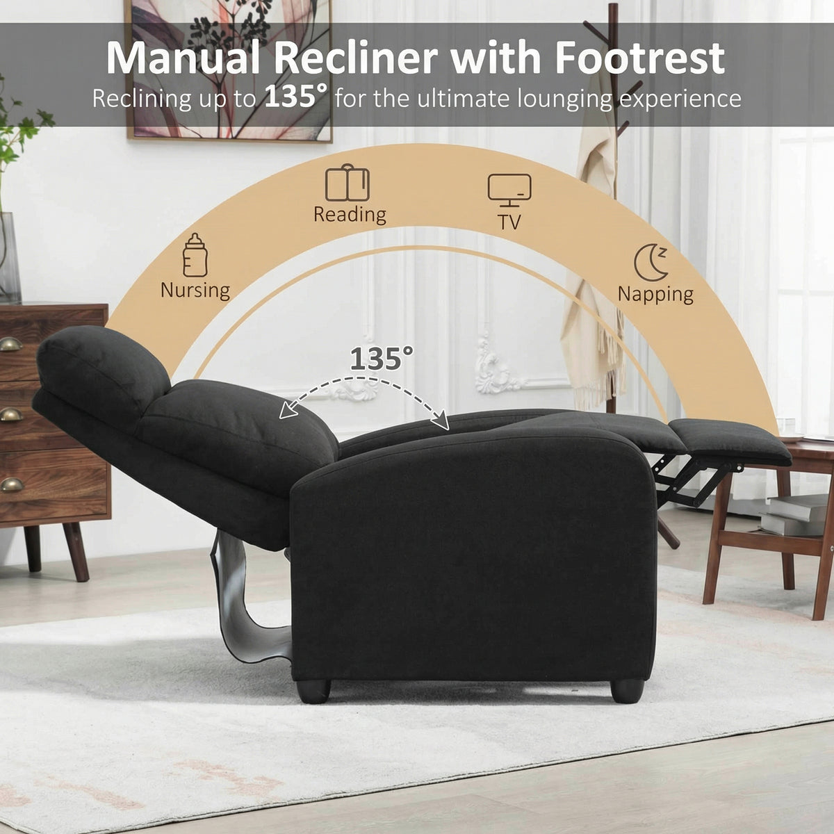 Manual reclining chair padded linen living room