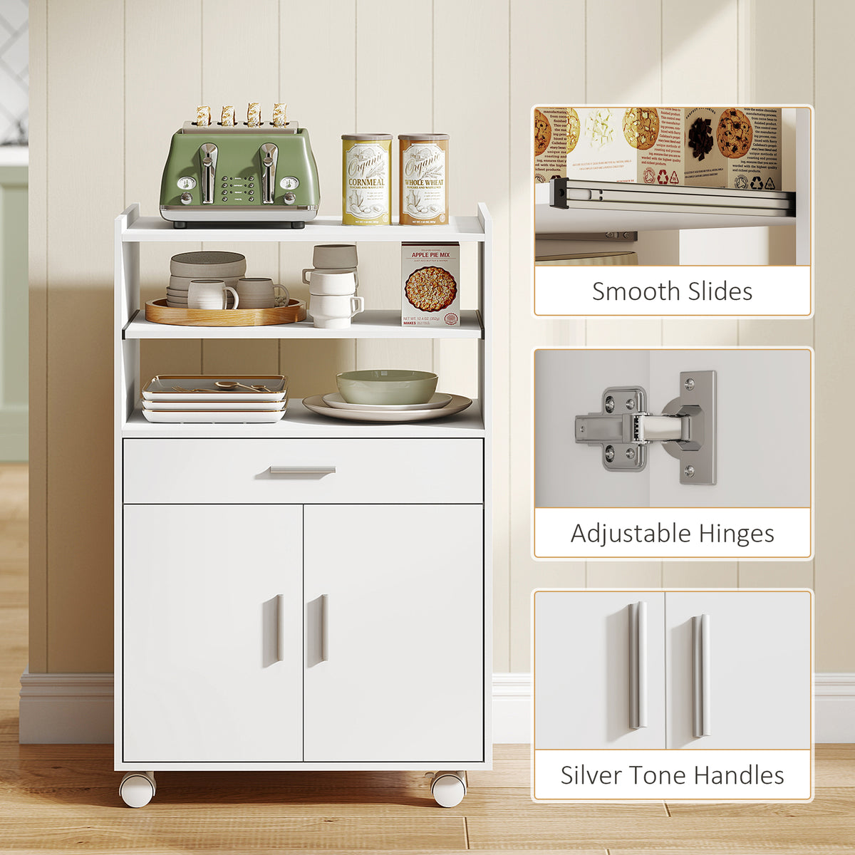 Kitchen cart on wheels with storage and drawer