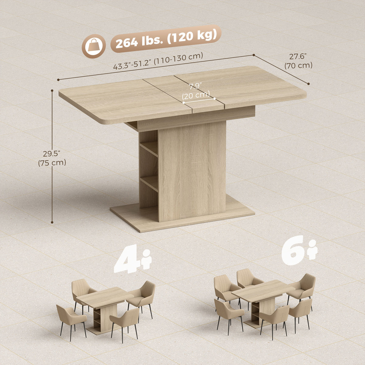 Mesa de comedor extensible con estantes integrados