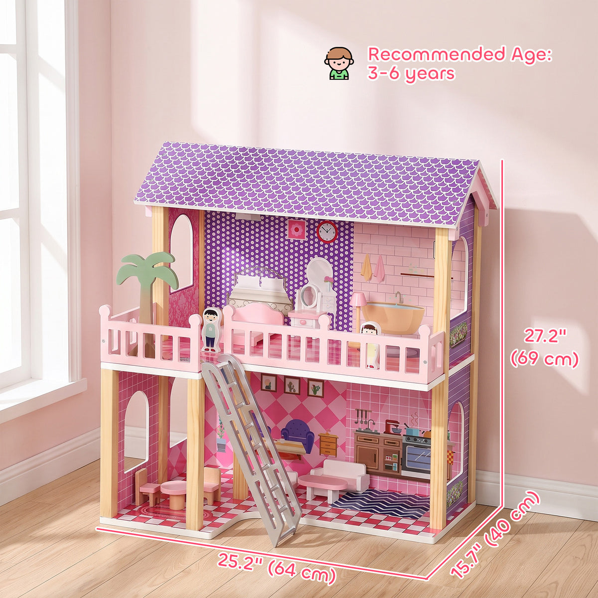 Casa de muñecas de madera con muebles