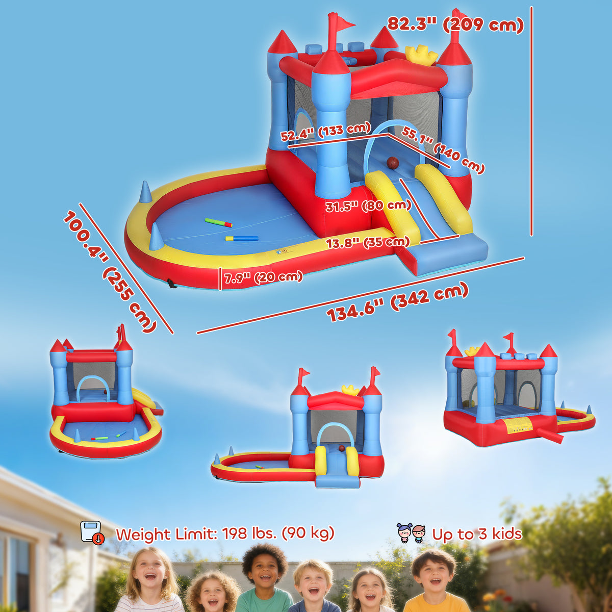 Kids inflatable bouncy castle with slide and pool