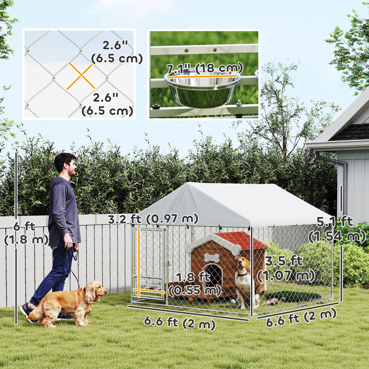 Outdoor dog kennel with bowls and resistant cover