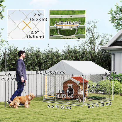 Outdoor dog kennel with bowls and resistant cover