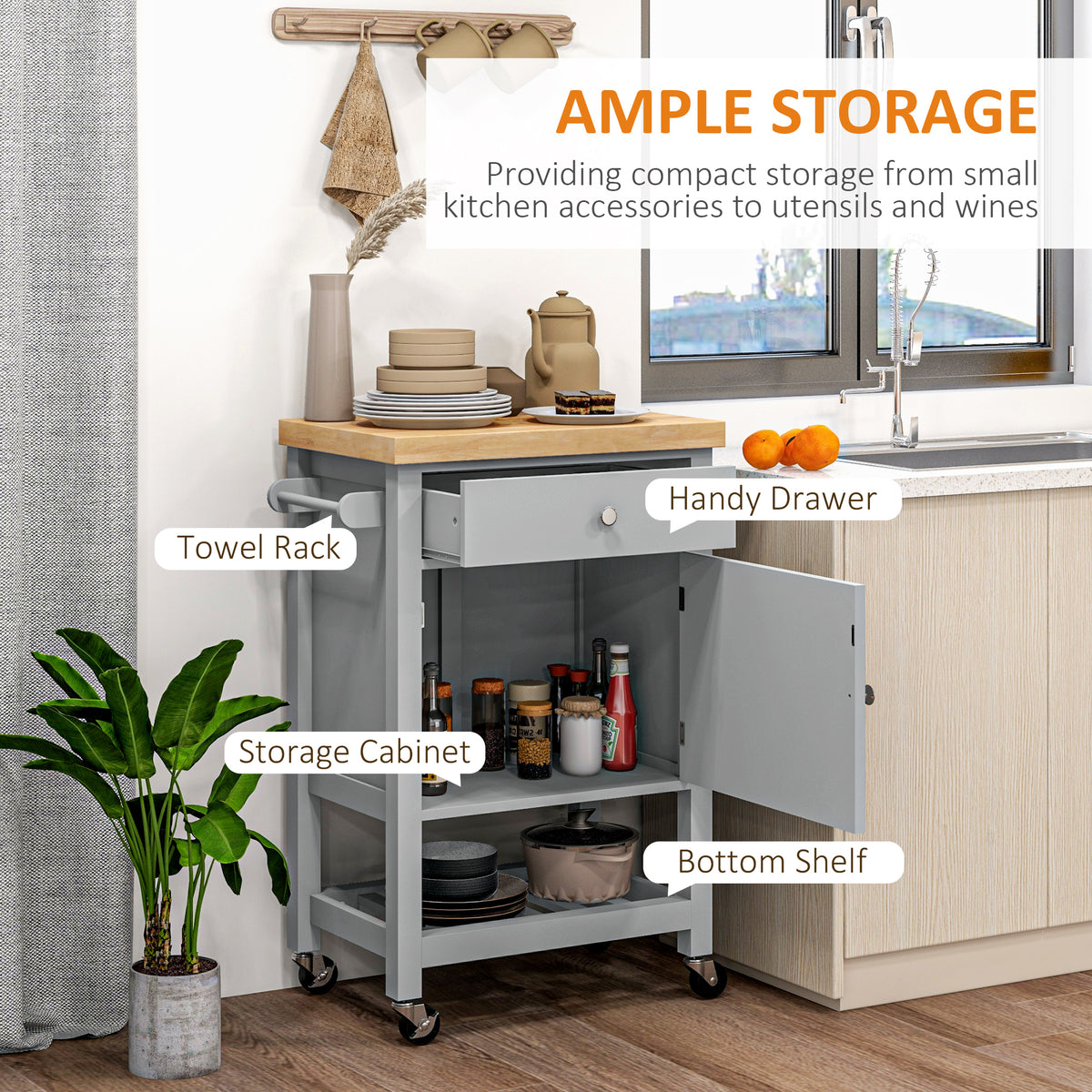 Rolling kitchen island wood cart
