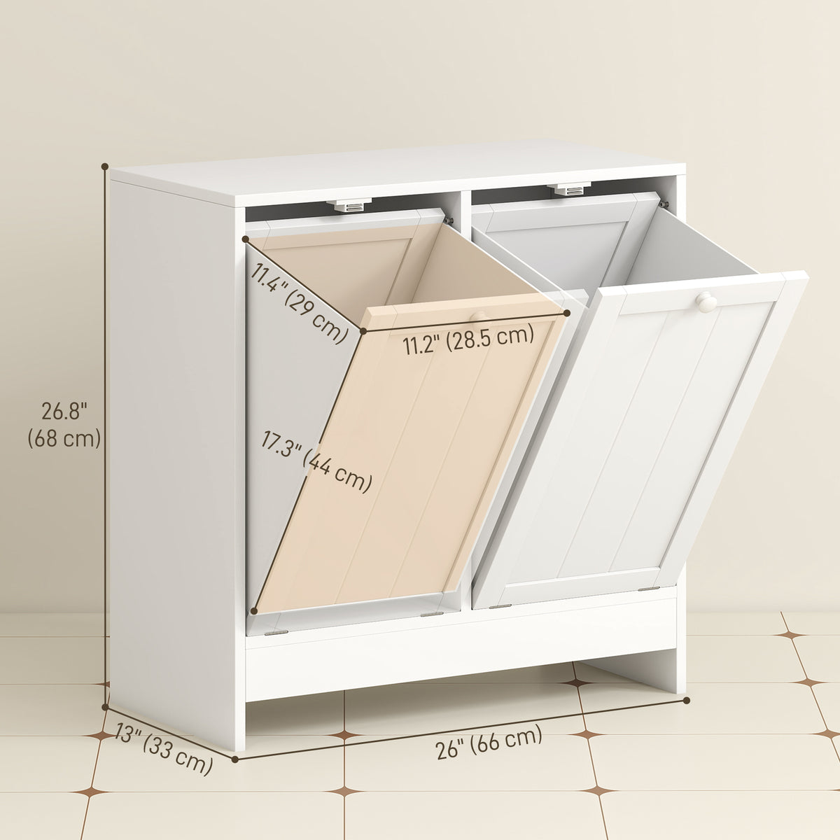 Modern tilt-out laundry hamper cabinet with two compartments