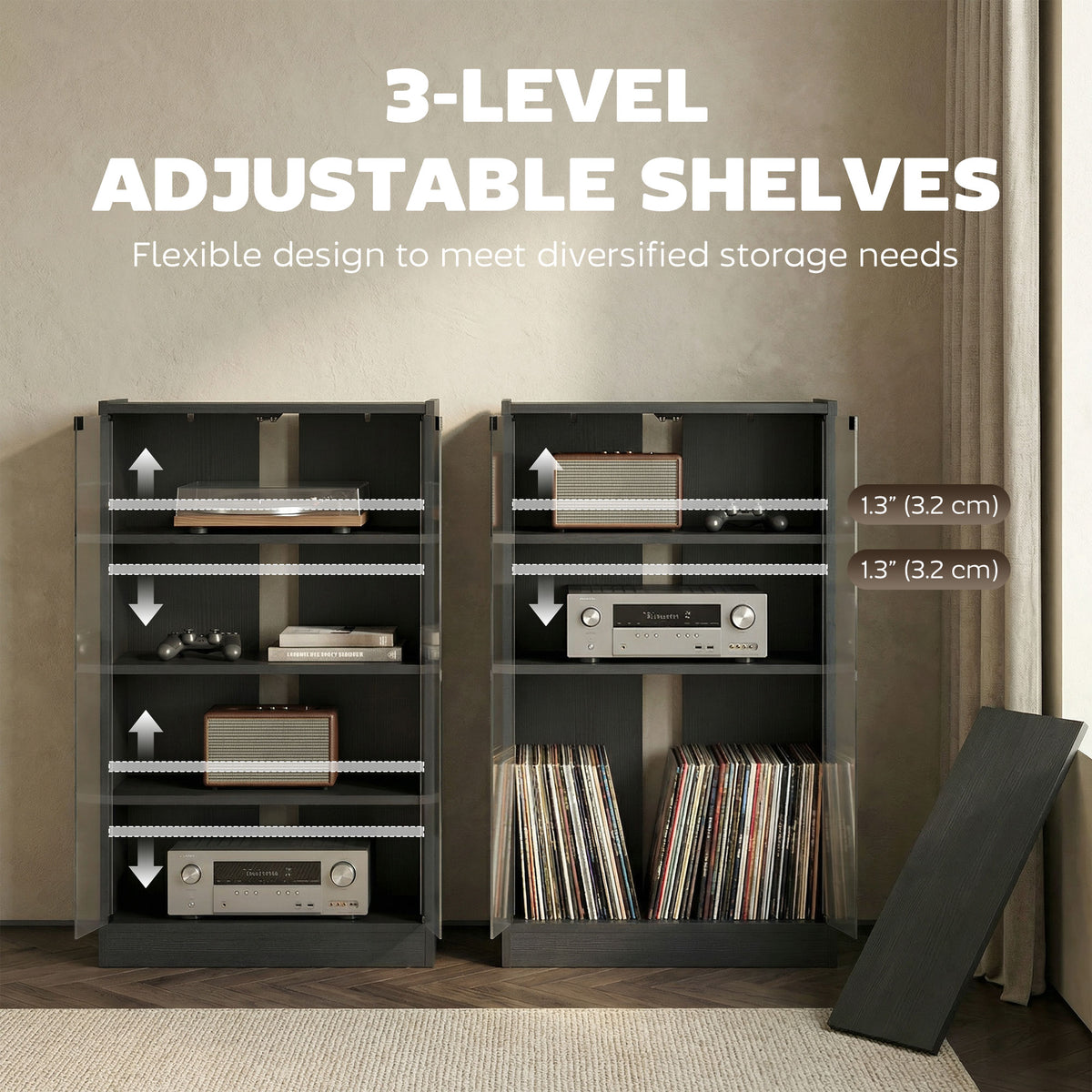 Mueble audiovisual de 5 niveles con puertas de cristal push-to-open