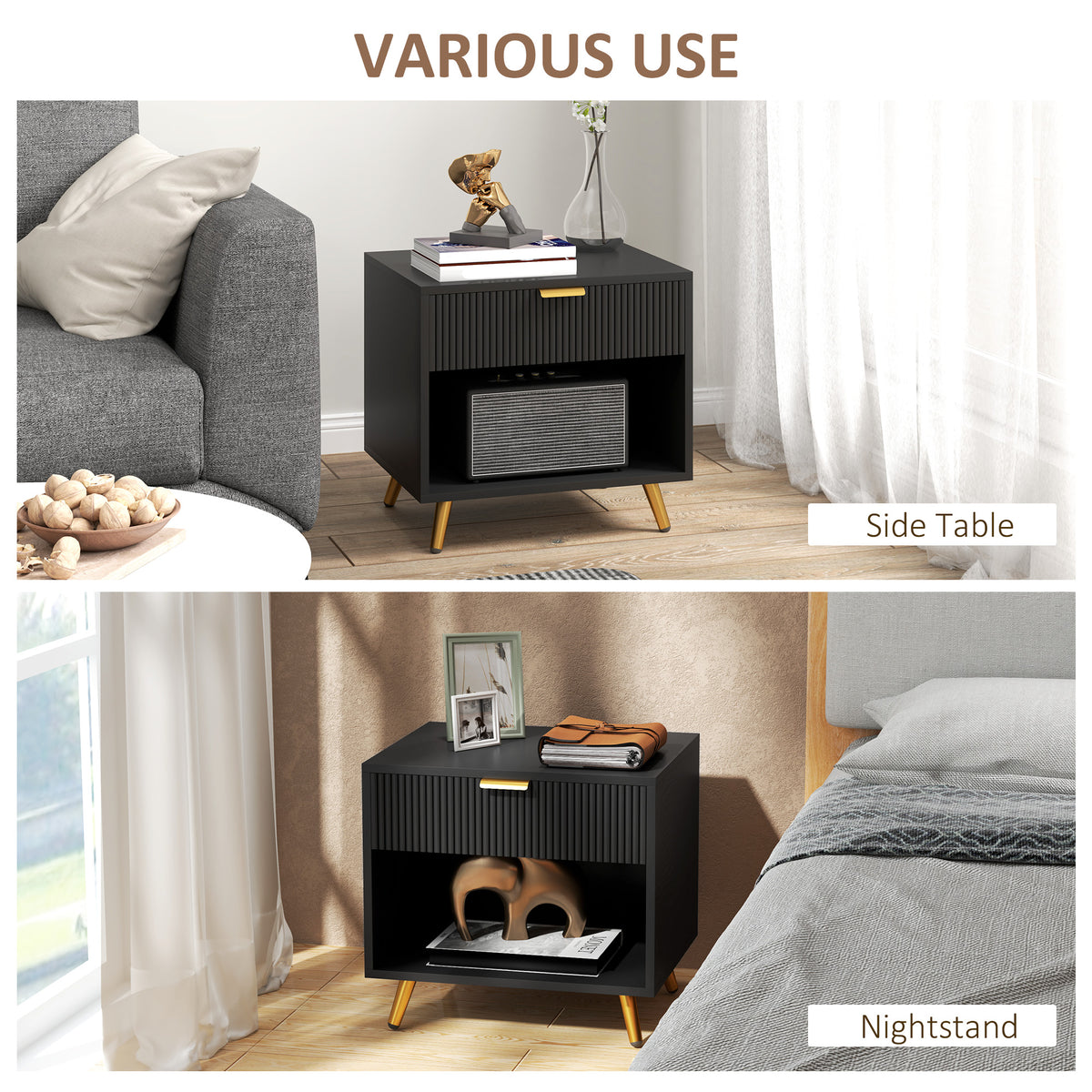 Nightstand Fluted Panel with Drawer and Open Shelf