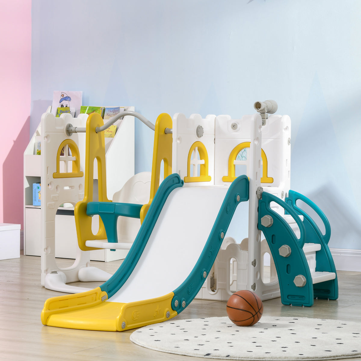 6-in-1 Toddler Playset Slide Swing Basketball Hoop