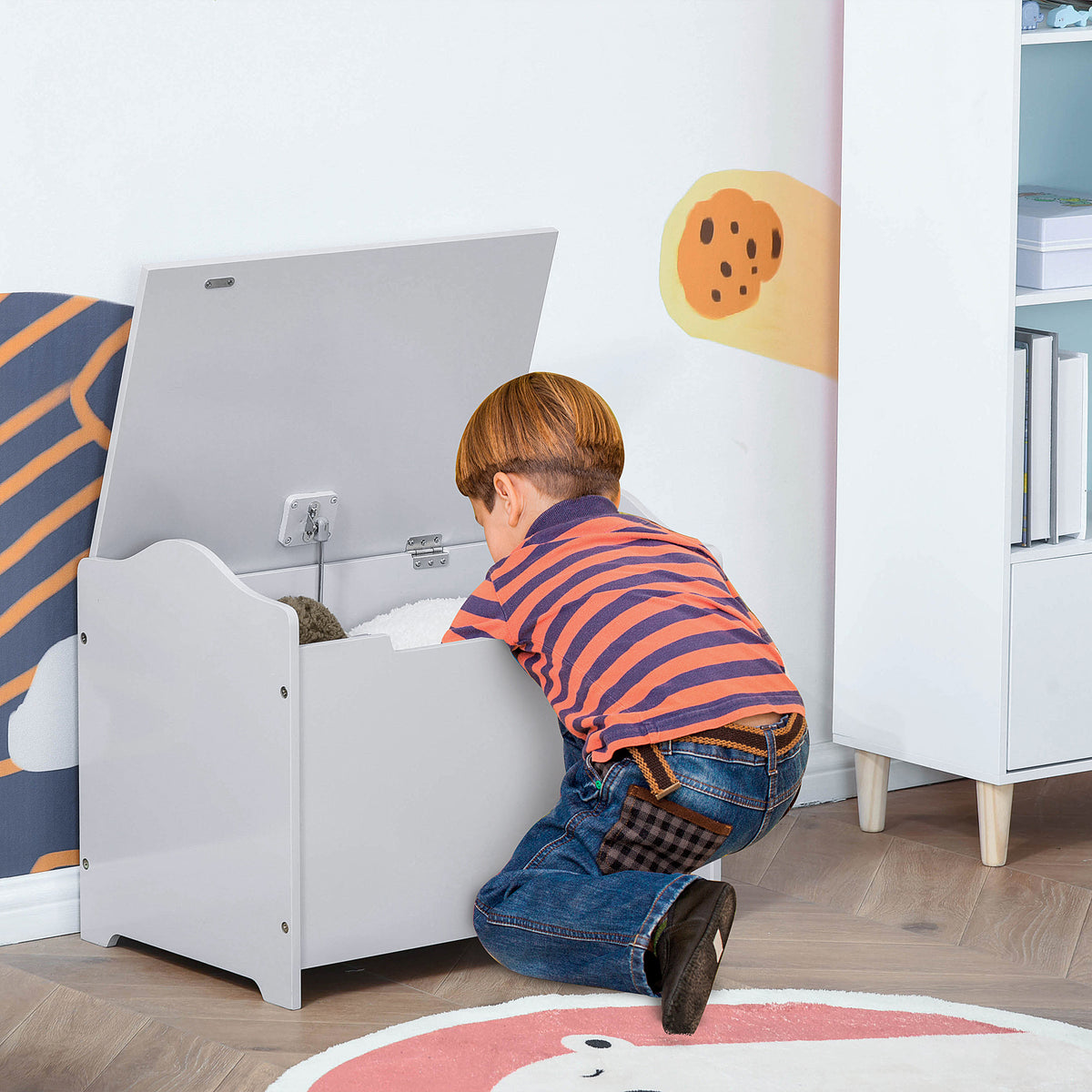 Kids Wooden Toy Storage Chest with Safety Lid
