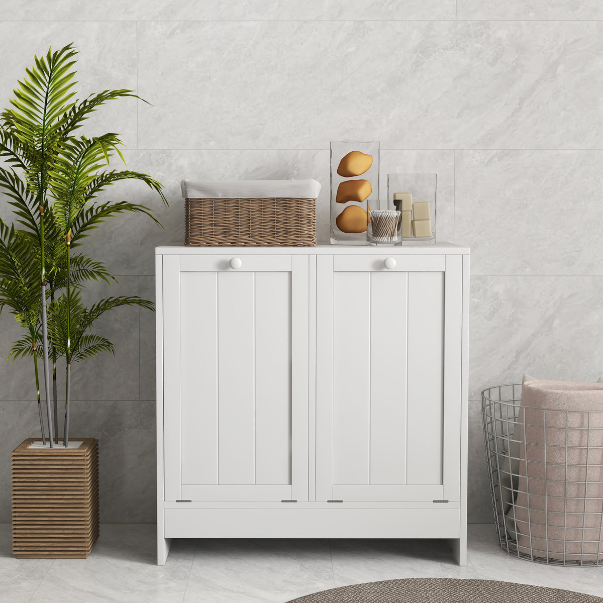 Modern tilt-out laundry hamper cabinet with two compartments