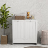 Modern tilt-out laundry hamper cabinet with two compartments