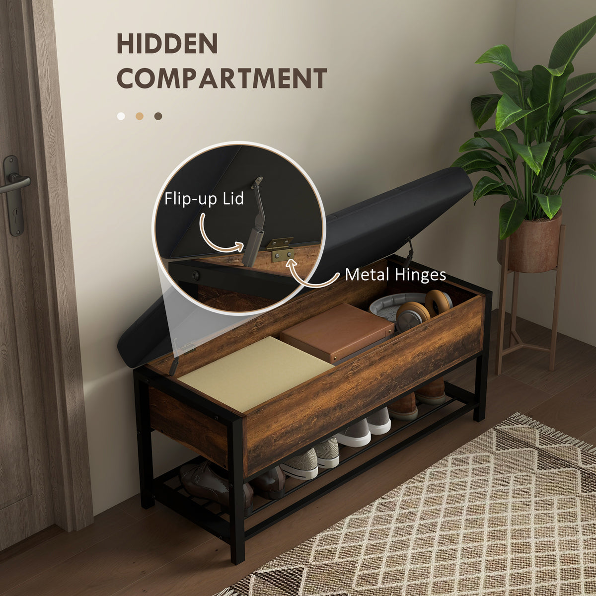 Upholstered Shoe Storage Bench with Flip-Top Hidden Compartment
