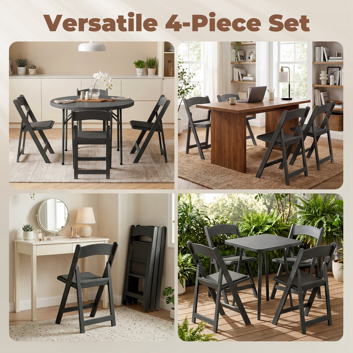 Padded Folding Resin Chairs, Set of 4