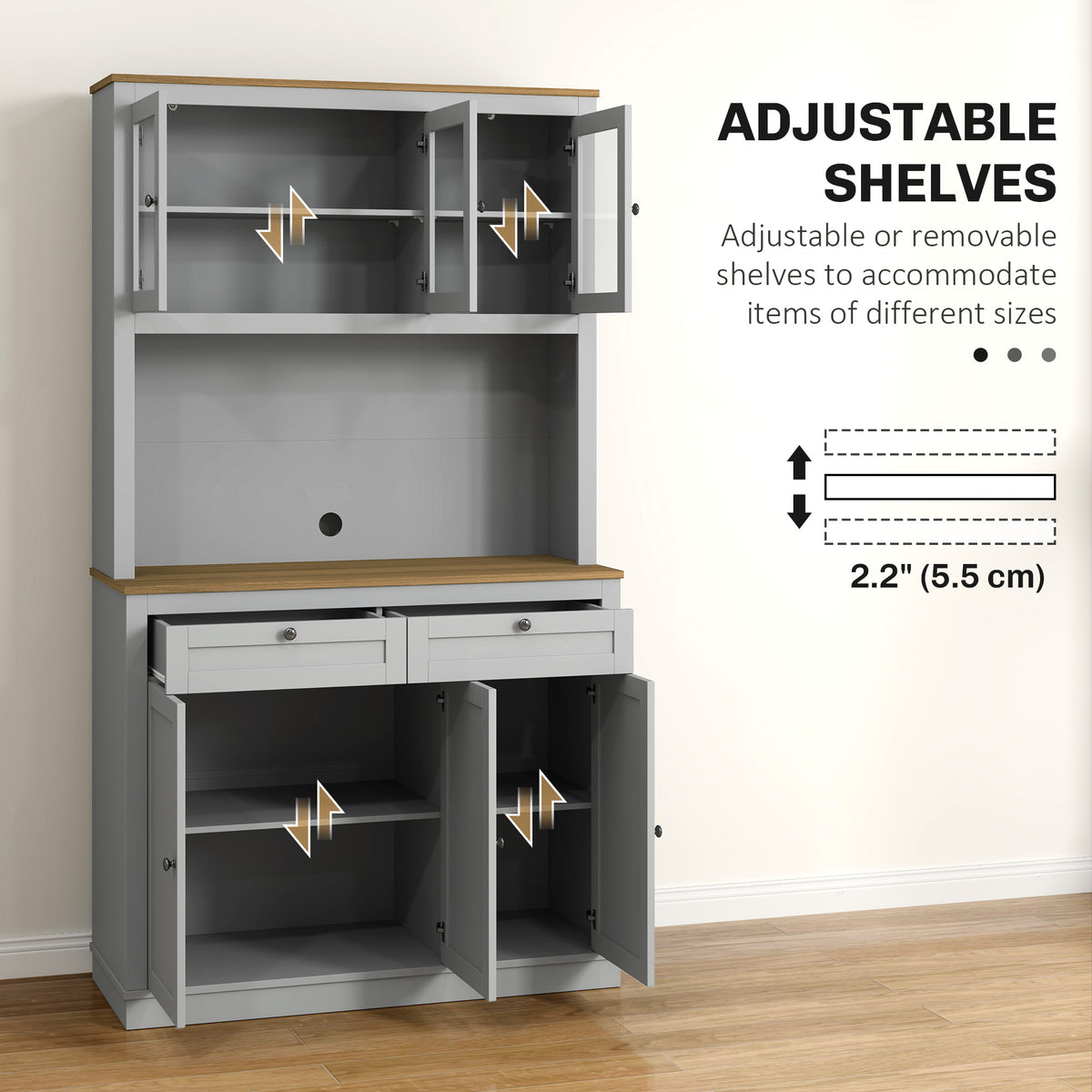 Aparador de cocina con espacio para microondas y puertas de cristal