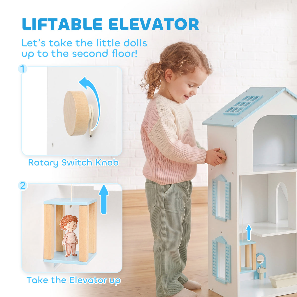 Wooden doll house with elevator