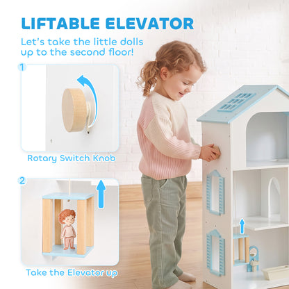 Wooden doll house with elevator