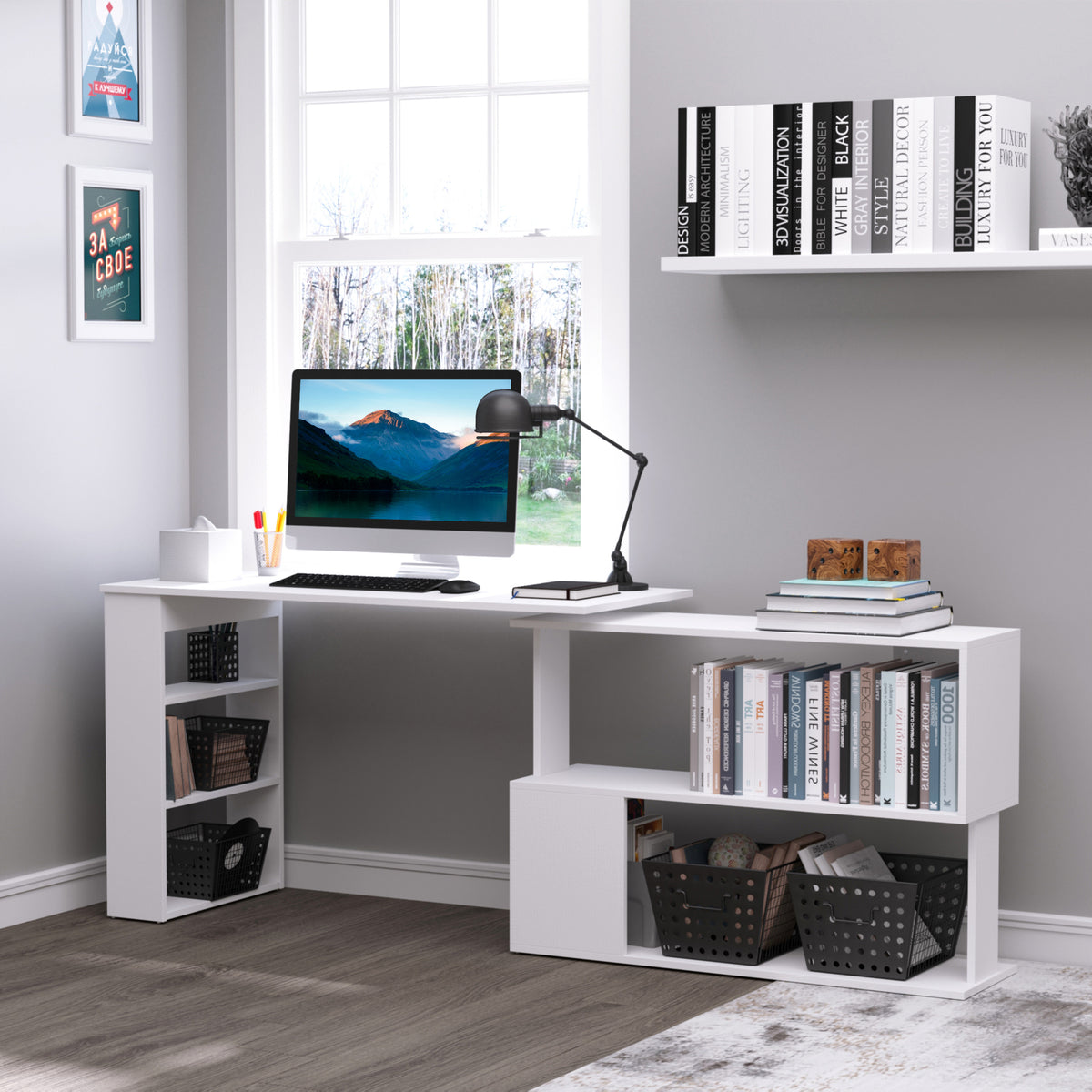 L-Shaped Desk 360° Rotating with Storage