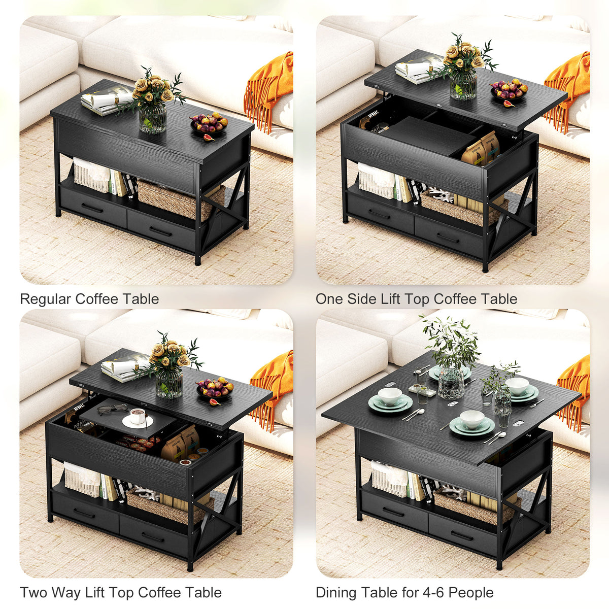 Modern lift top coffee table with storage drawers