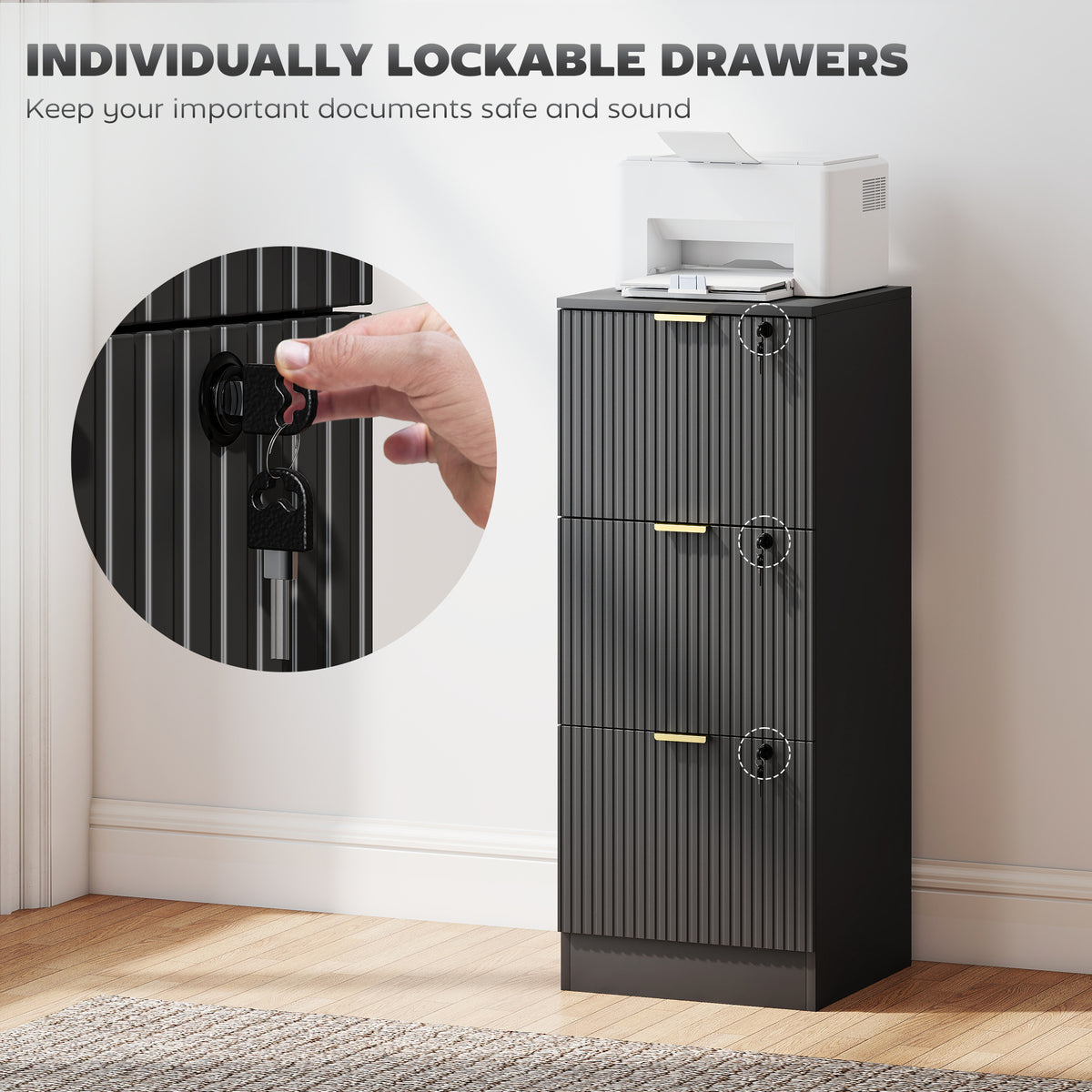 Lockable 3-Drawer Fluted Filing Cabinet for A4 Letter Files